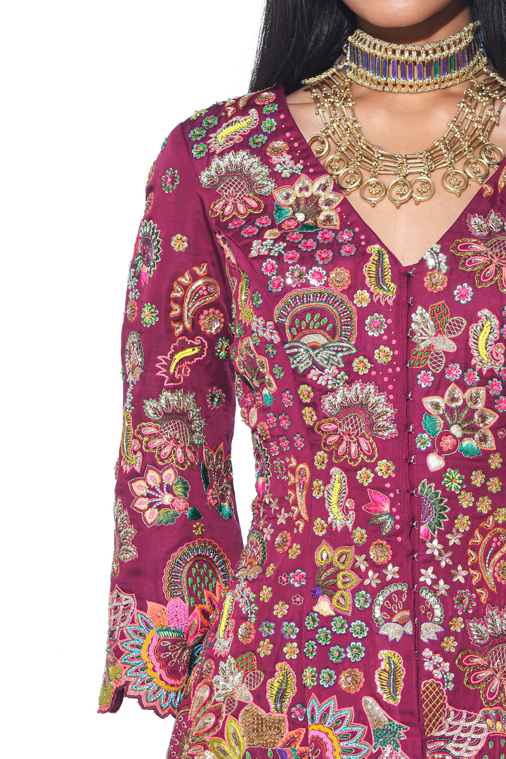 Crimson Red Embroidered Peplum Top Sharara Set-Co-ord Set-Siddhartha Bansal