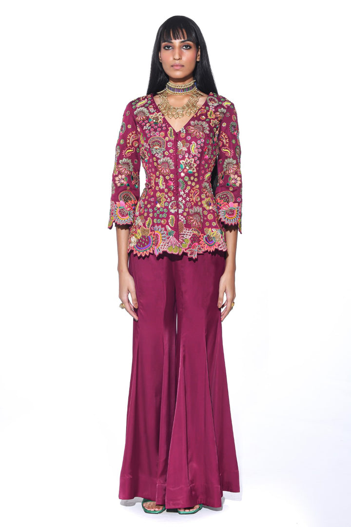Crimson Red Embroidered Peplum Top Sharara Set-Co-ord Set-Siddhartha Bansal