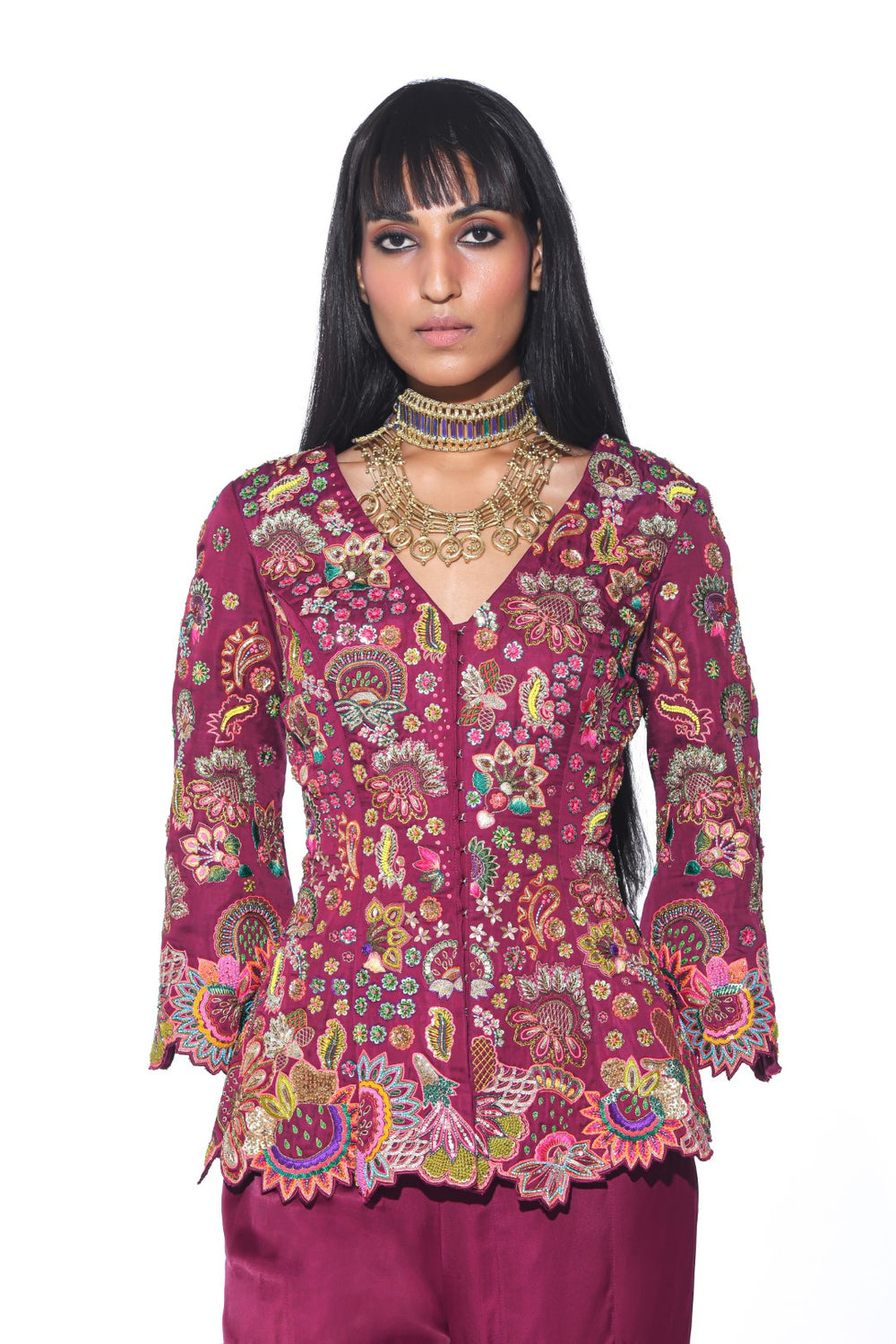 Crimson Red Embroidered Peplum Top Sharara Set-Co-ord Set-Siddhartha Bansal