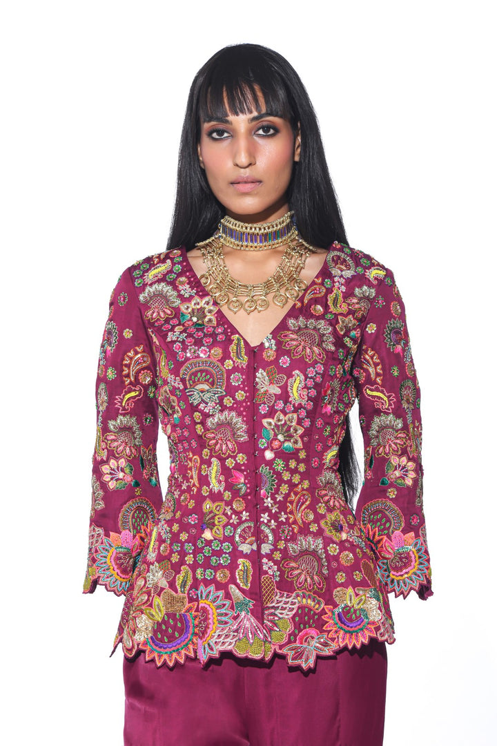 Crimson Red Embroidered Peplum Top Sharara Set-Co-ord Set-Siddhartha Bansal