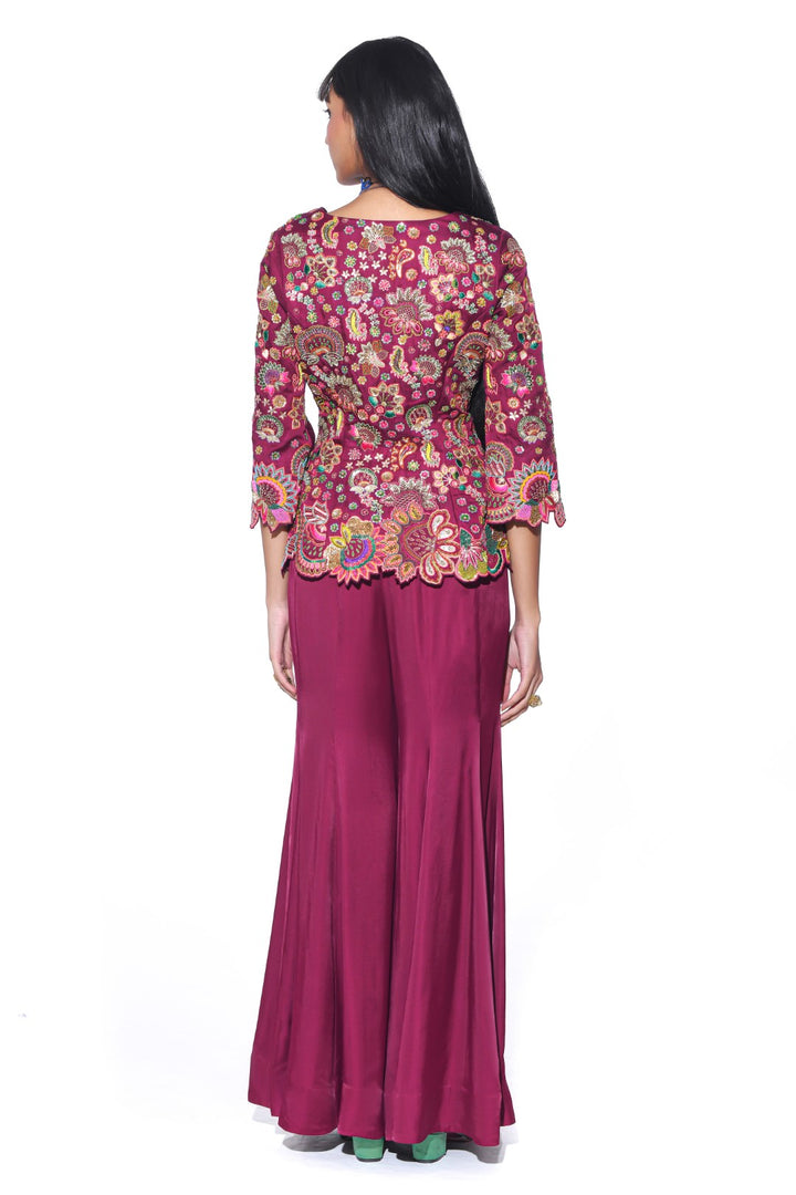 Crimson Red Embroidered Peplum Top Sharara Set-Co-ord Set-Siddhartha Bansal