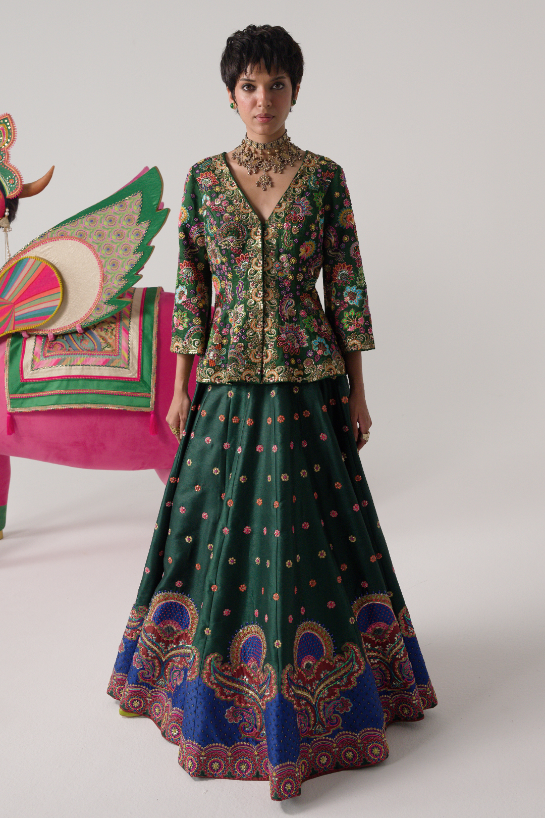 Bottle Green Embroidered Peplum Top , Lehenga Set-EMB Lehenga-Siddhartha Bansal