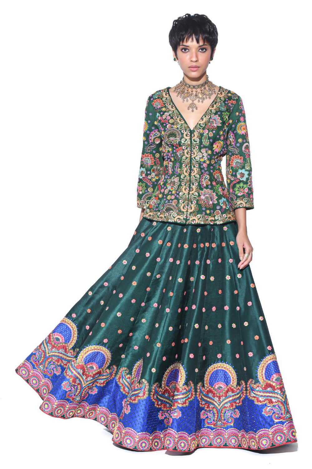 Bottle Green Embroidered Peplum Top , Lehenga Set-EMB Lehenga-Siddhartha Bansal