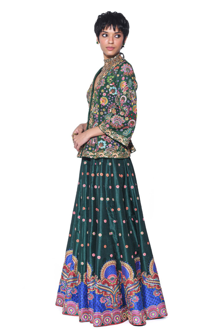 Bottle Green Embroidered Peplum Top , Lehenga Set-EMB Lehenga-Siddhartha Bansal