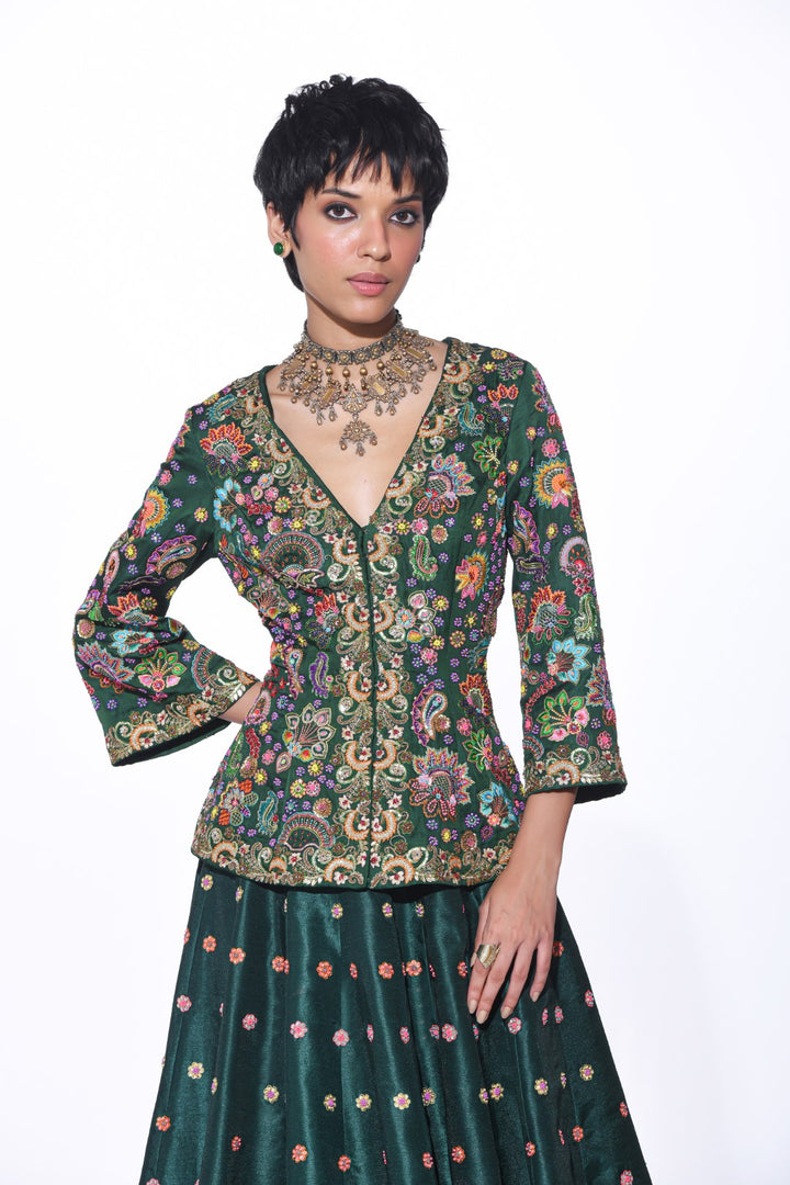 Bottle Green Embroidered Peplum Top , Lehenga Set-EMB Lehenga-Siddhartha Bansal