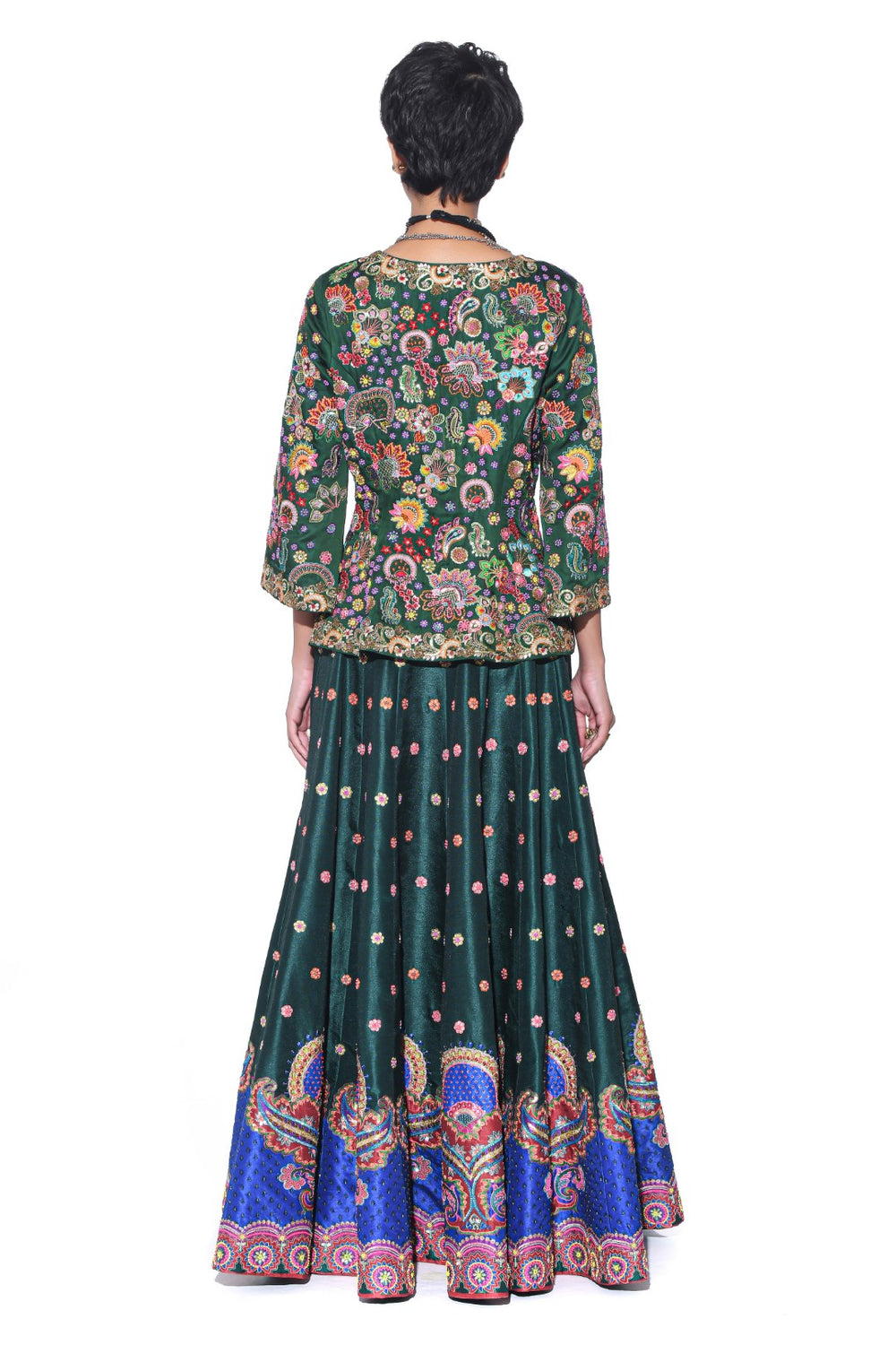 Bottle Green Embroidered Peplum Top , Lehenga Set-EMB Lehenga-Siddhartha Bansal