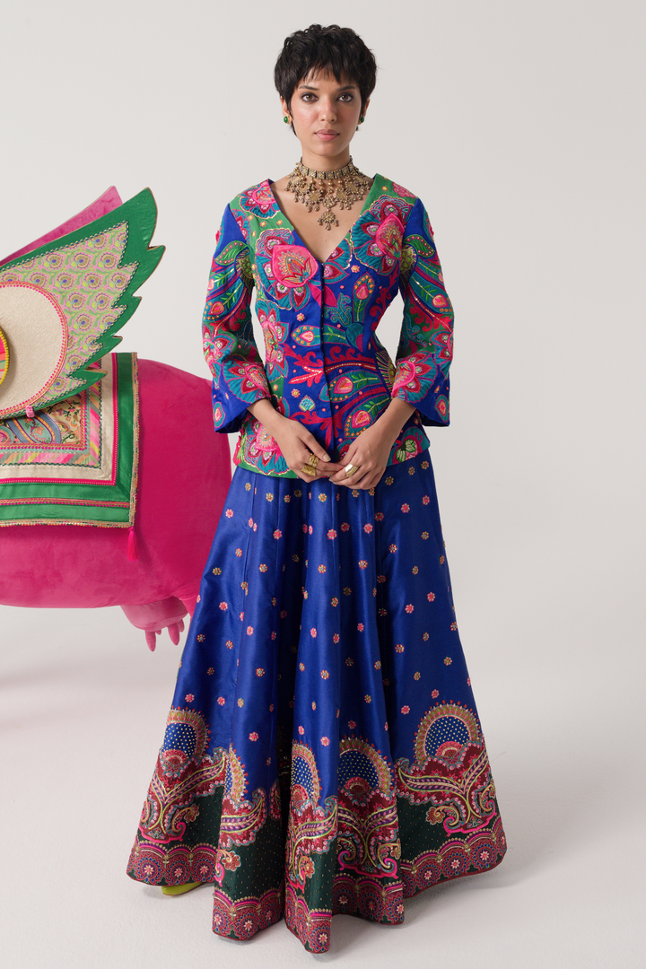 Electric Blue Embroidered Peplum Top , Lehenga Set-EMB Lehenga-Siddhartha Bansal