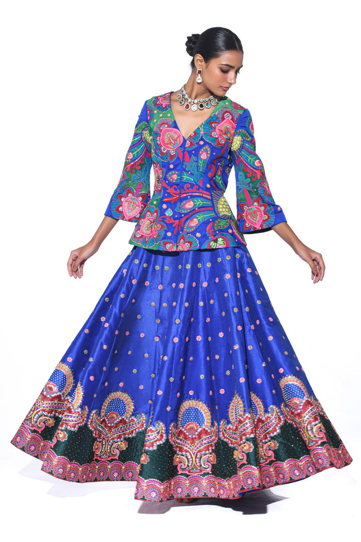 Electric Blue Embroidered Peplum Top , Lehenga Set-EMB Lehenga-Siddhartha Bansal