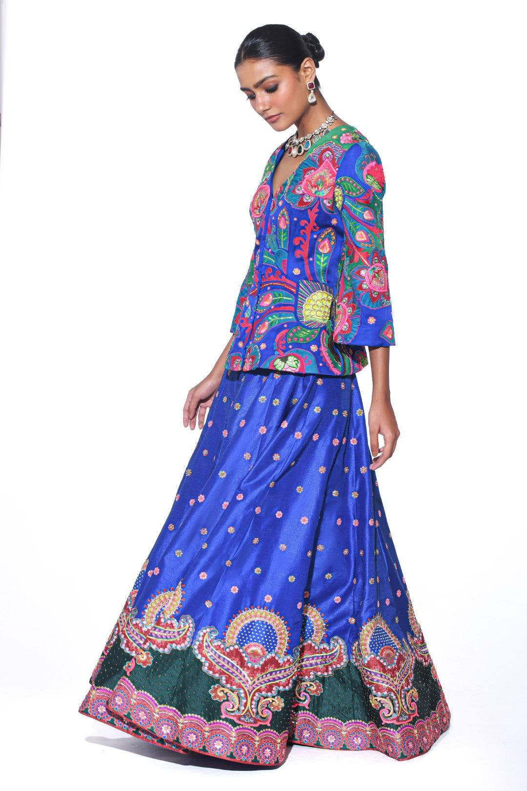 Electric Blue Embroidered Peplum Top , Lehenga Set-EMB Lehenga-Siddhartha Bansal