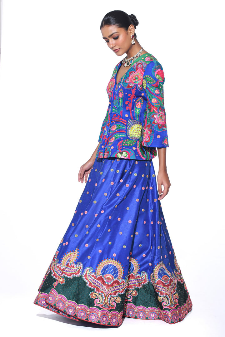 Electric Blue Embroidered Peplum Top , Lehenga Set-EMB Lehenga-Siddhartha Bansal
