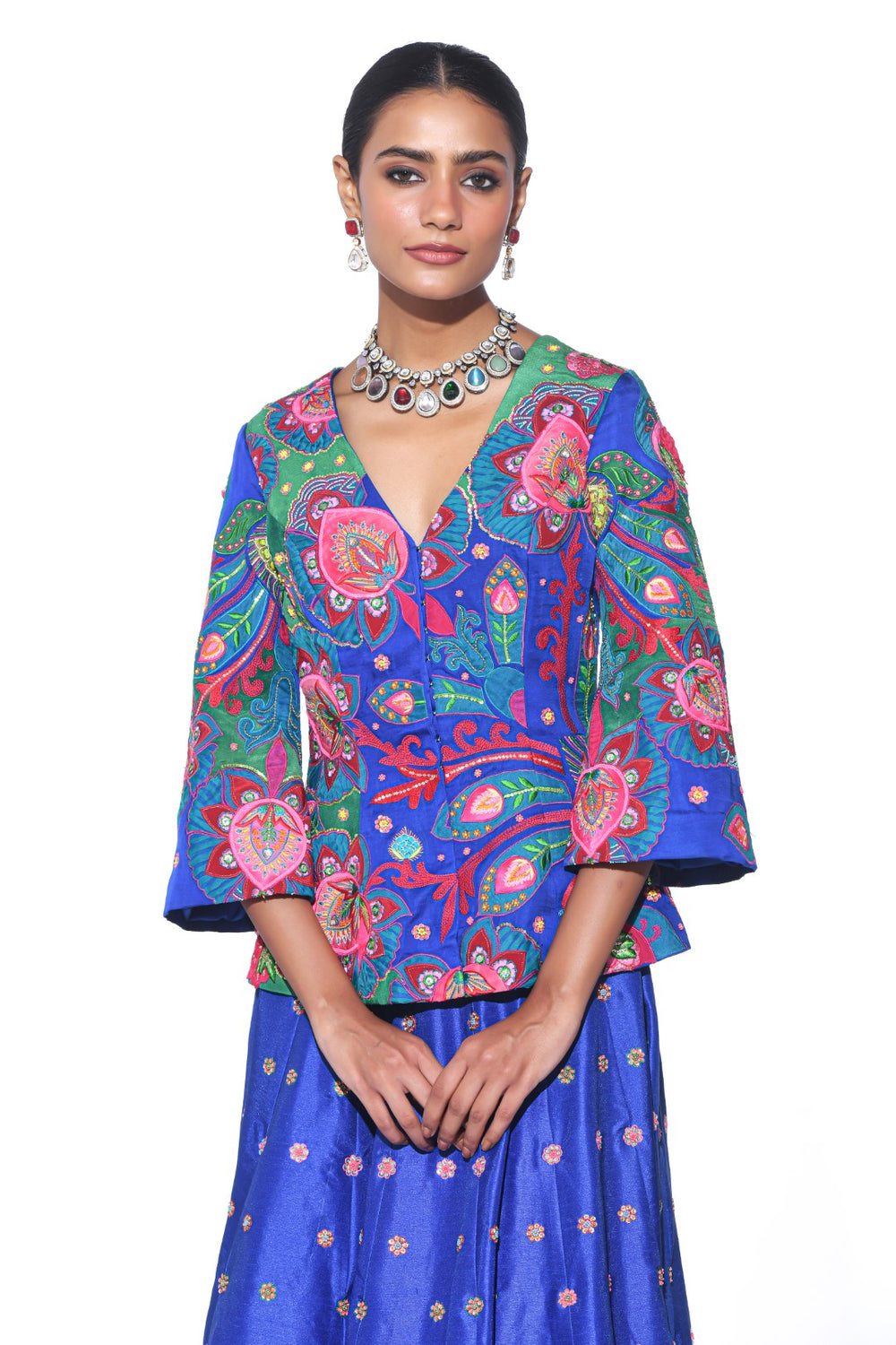 Electric Blue Embroidered Peplum Top , Lehenga Set-EMB Lehenga-Siddhartha Bansal