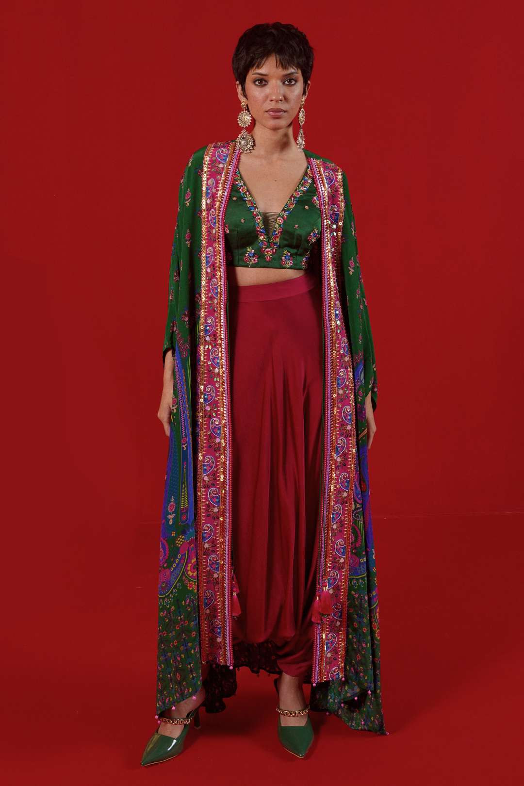 Bottle Green Oversized Embroidred Shrug Set-Siddhartha Bansal