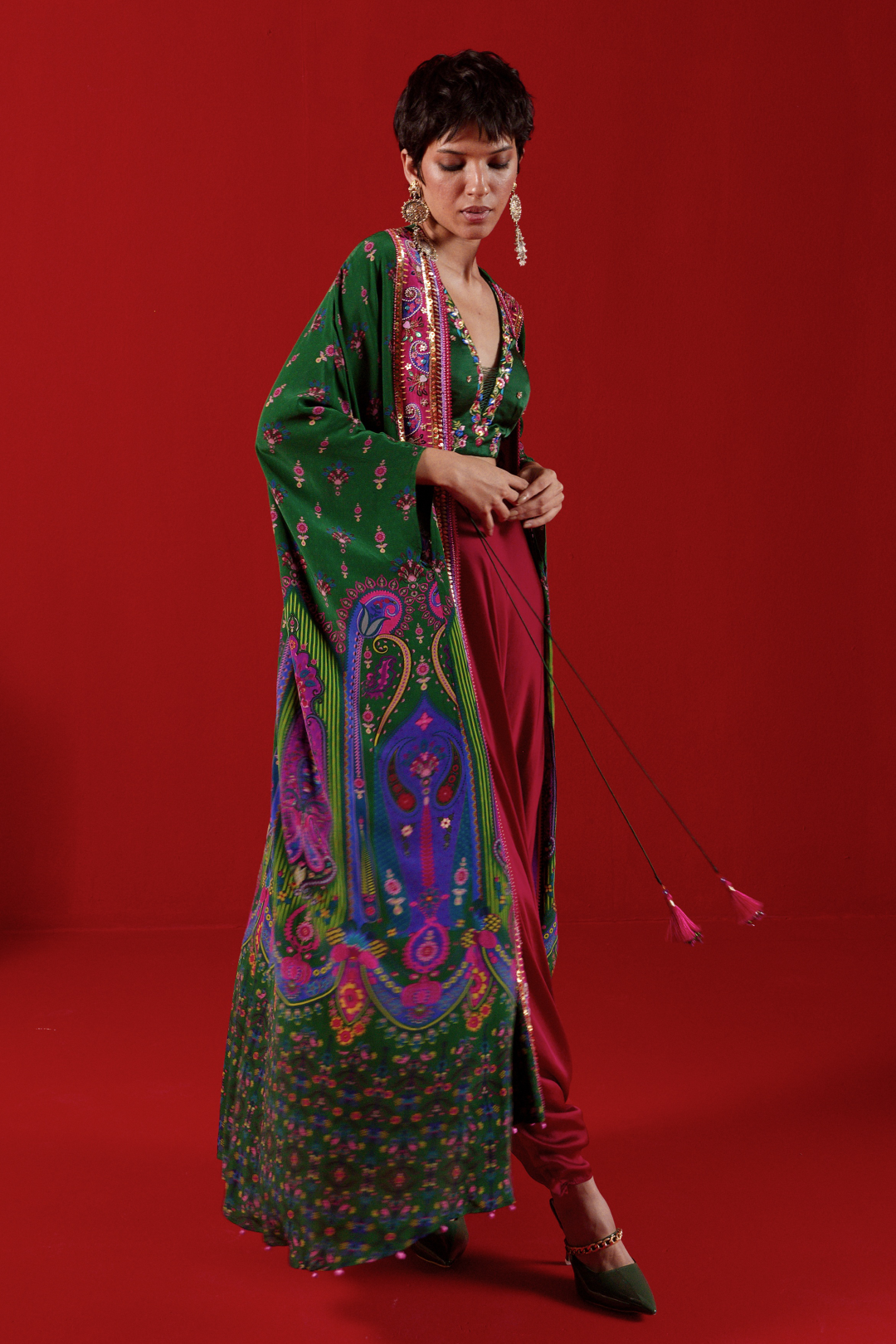 Bottle Green Oversized Embroidred Shrug Set-Siddhartha Bansal