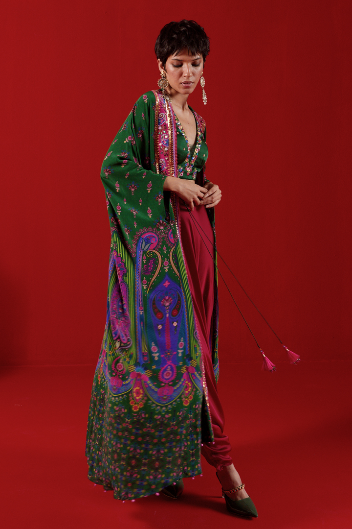 Bottle Green Oversized Embroidred Shrug Set-Siddhartha Bansal