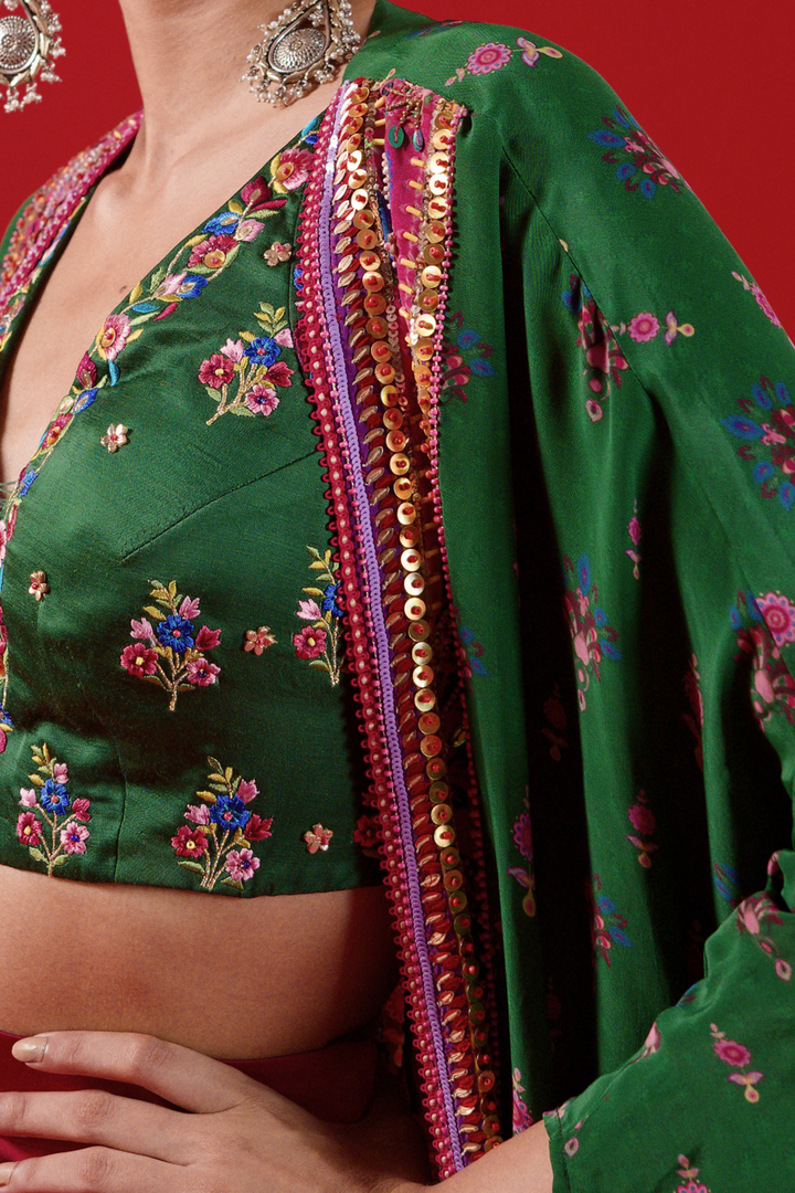 Bottle Green Oversized Embroidred Shrug Set-Siddhartha Bansal