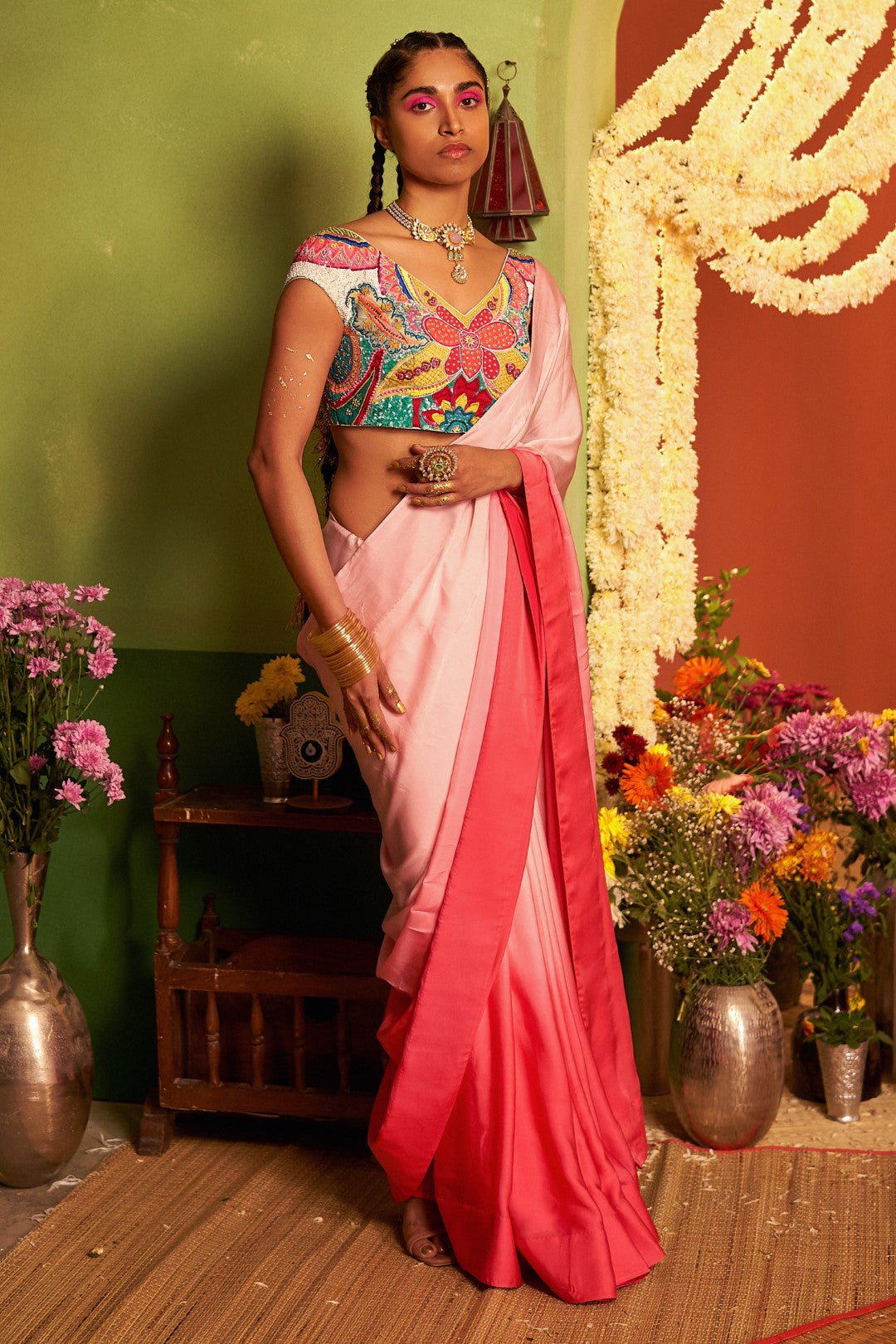 Mastani Pink Ombre Saree Set-Siddhartha Bansal