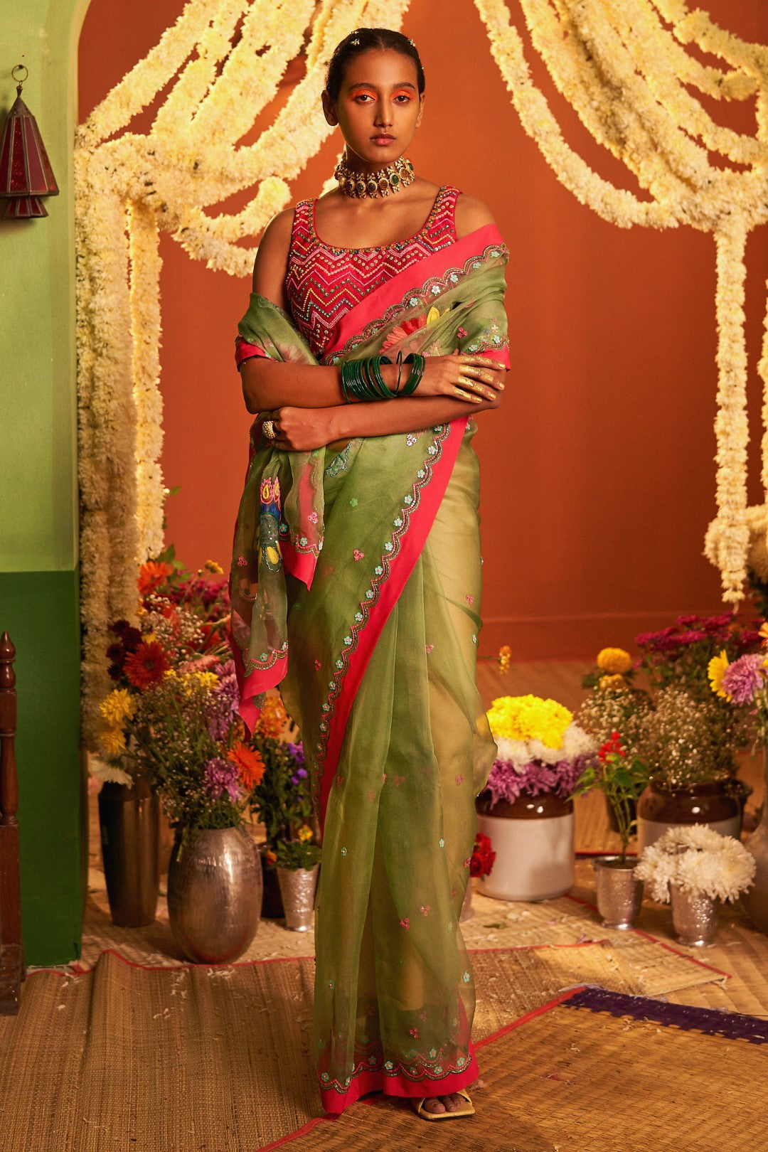 Sage Green, Silk Organza Embroidered Saree Set-Siddhartha Bansal