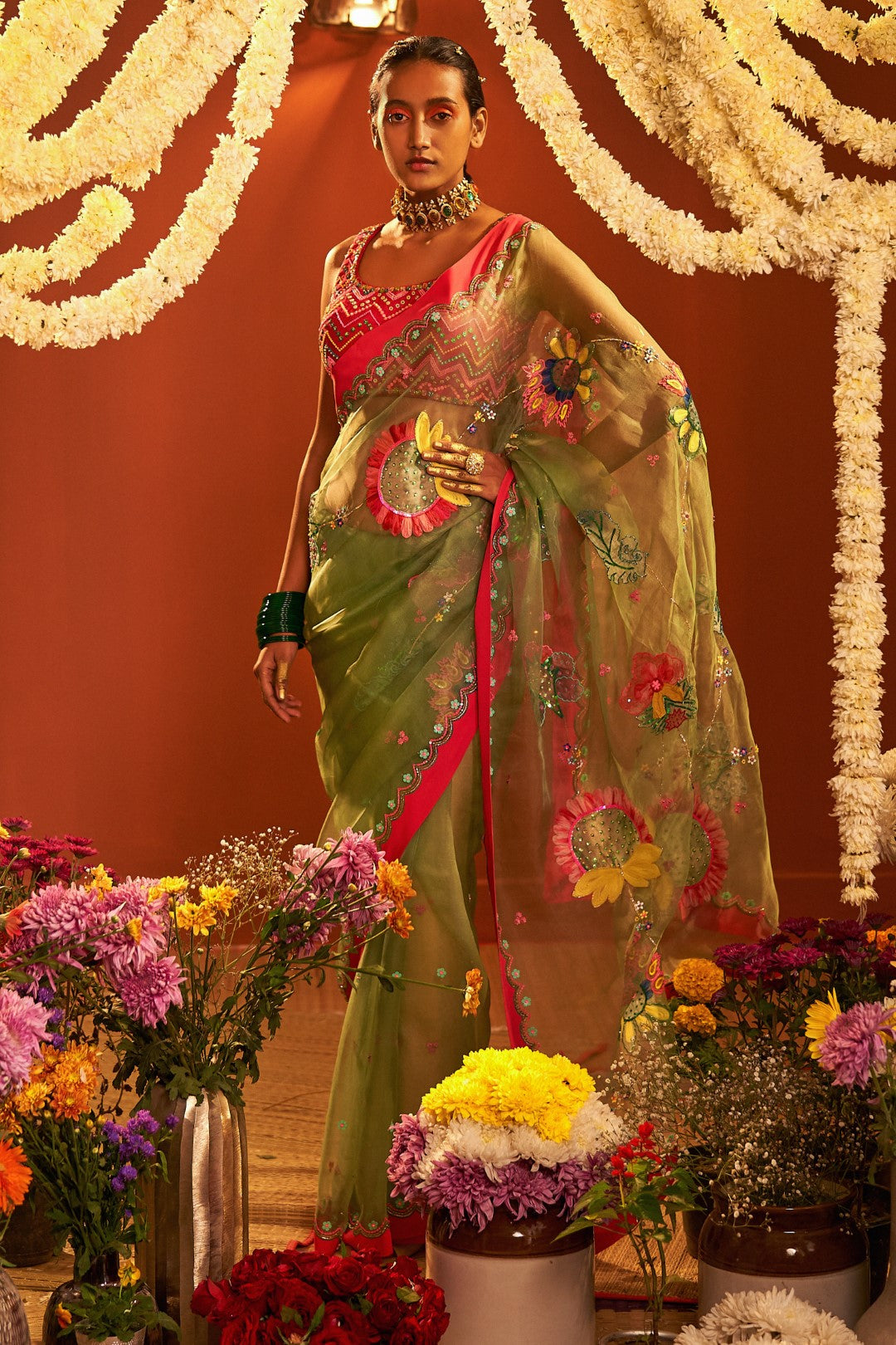 Sage Green, Silk Organza Embroidered Saree Set-Siddhartha Bansal