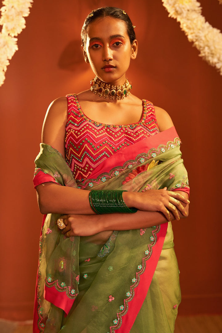 Sage Green, Silk Organza Embroidered Saree Set-Siddhartha Bansal