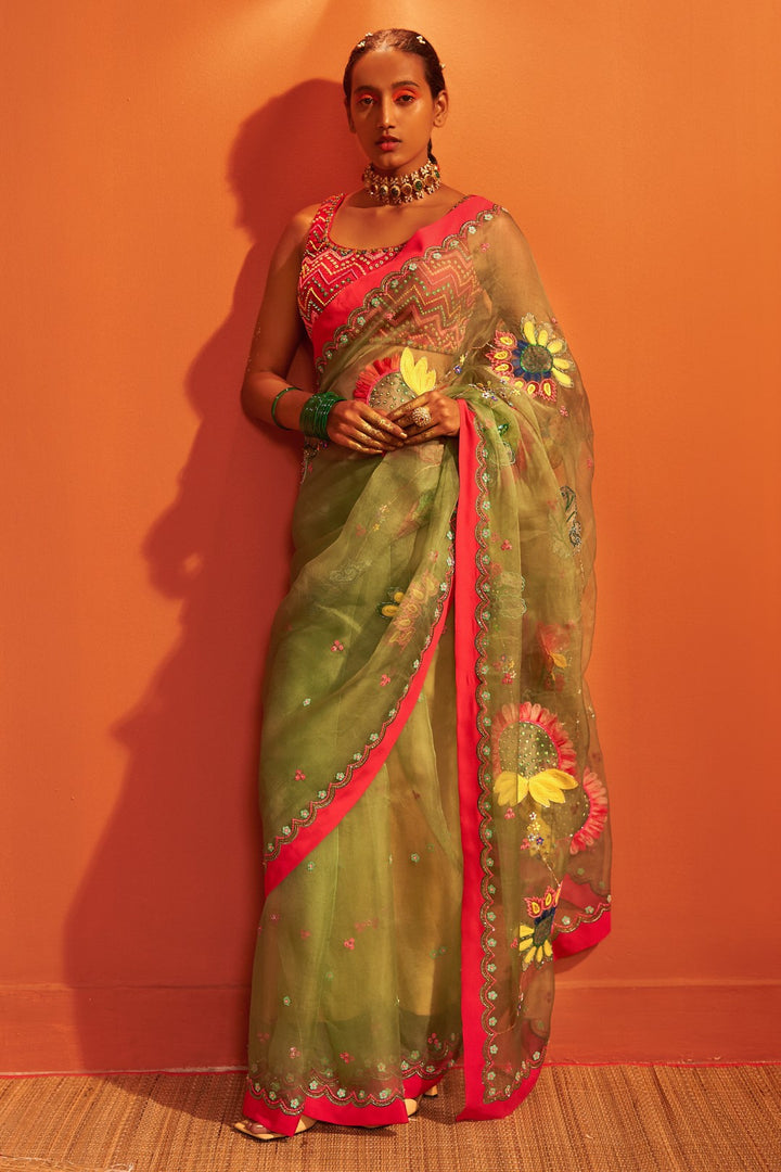 Sage Green, Silk Organza Embroidered Saree Set-Siddhartha Bansal