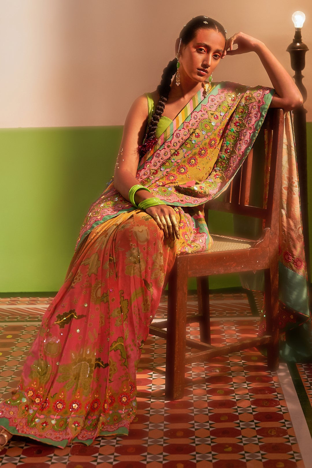 Sunset Orange Ombre Embroidered Saree Set-Siddhartha Bansal