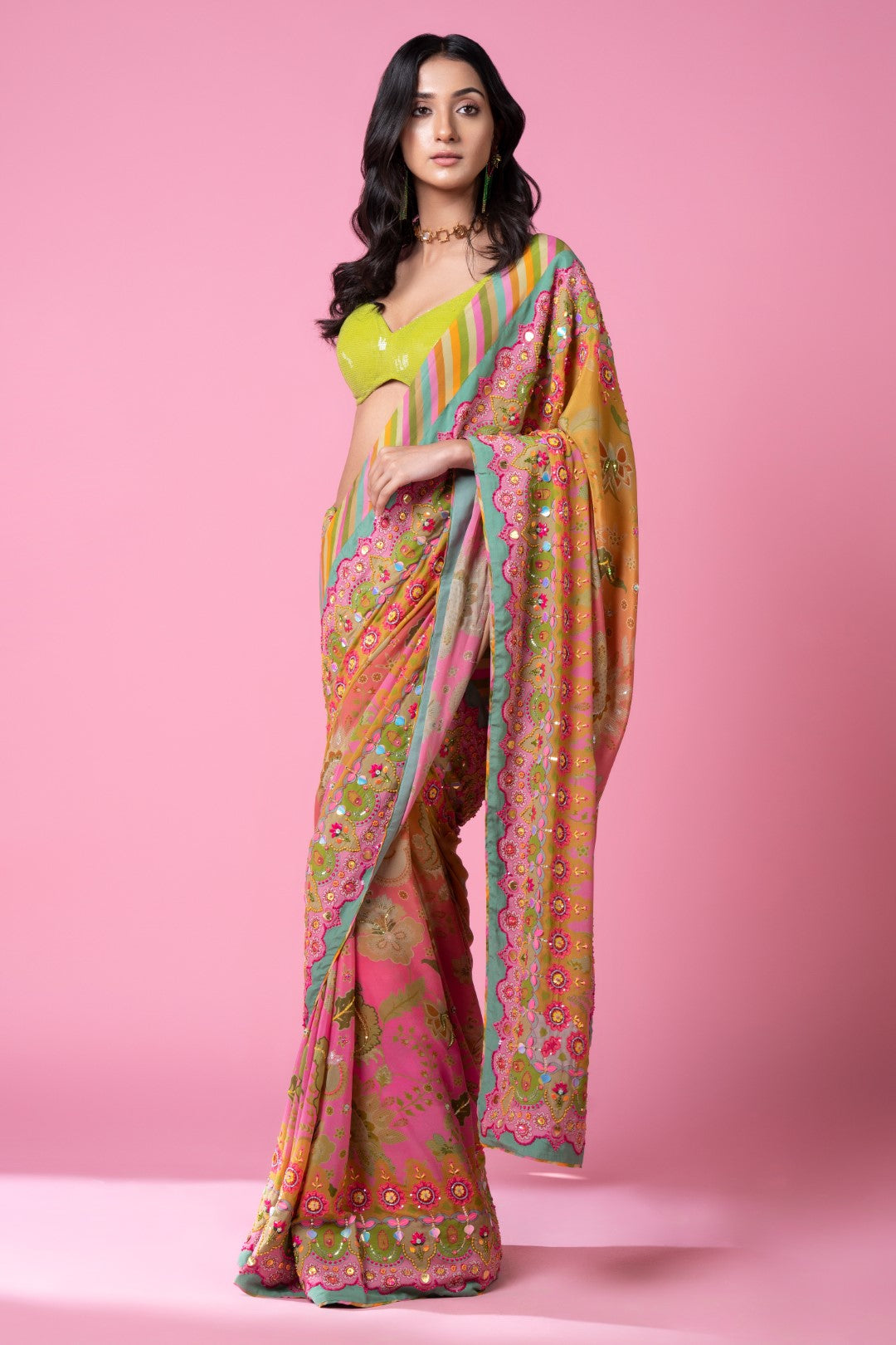 Sunset Orange Ombre Embroidered Saree Set-Siddhartha Bansal