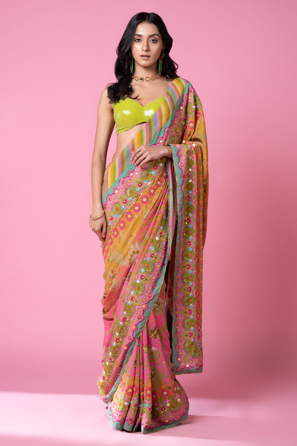 Sunset Orange Ombre Embroidered Saree Set-Siddhartha Bansal