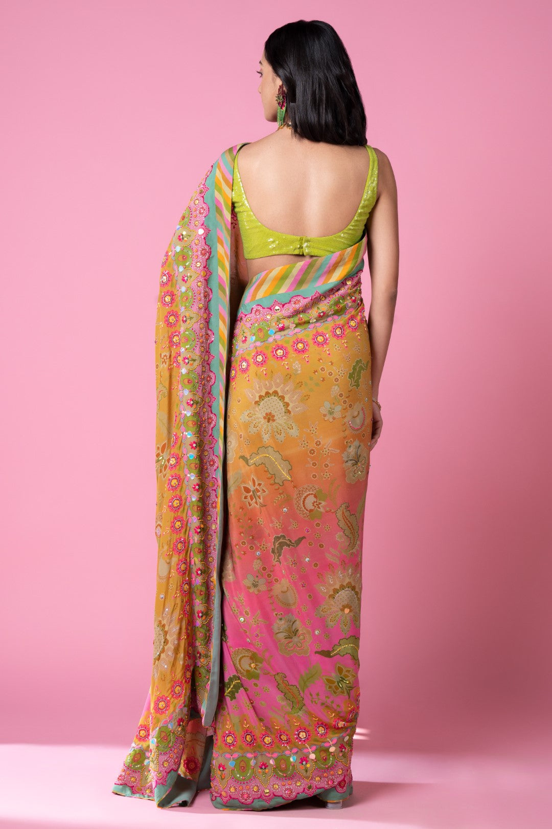 Sunset Orange Ombre Embroidered Saree Set-Siddhartha Bansal