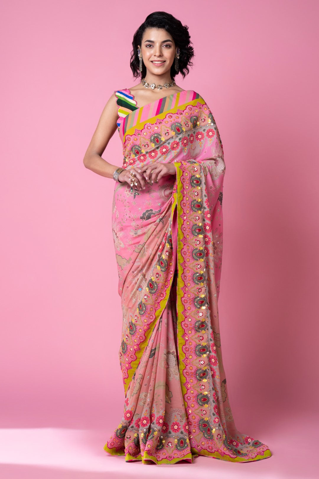 Twilight Pink Ombre Embroidered Saree Set-Siddhartha Bansal