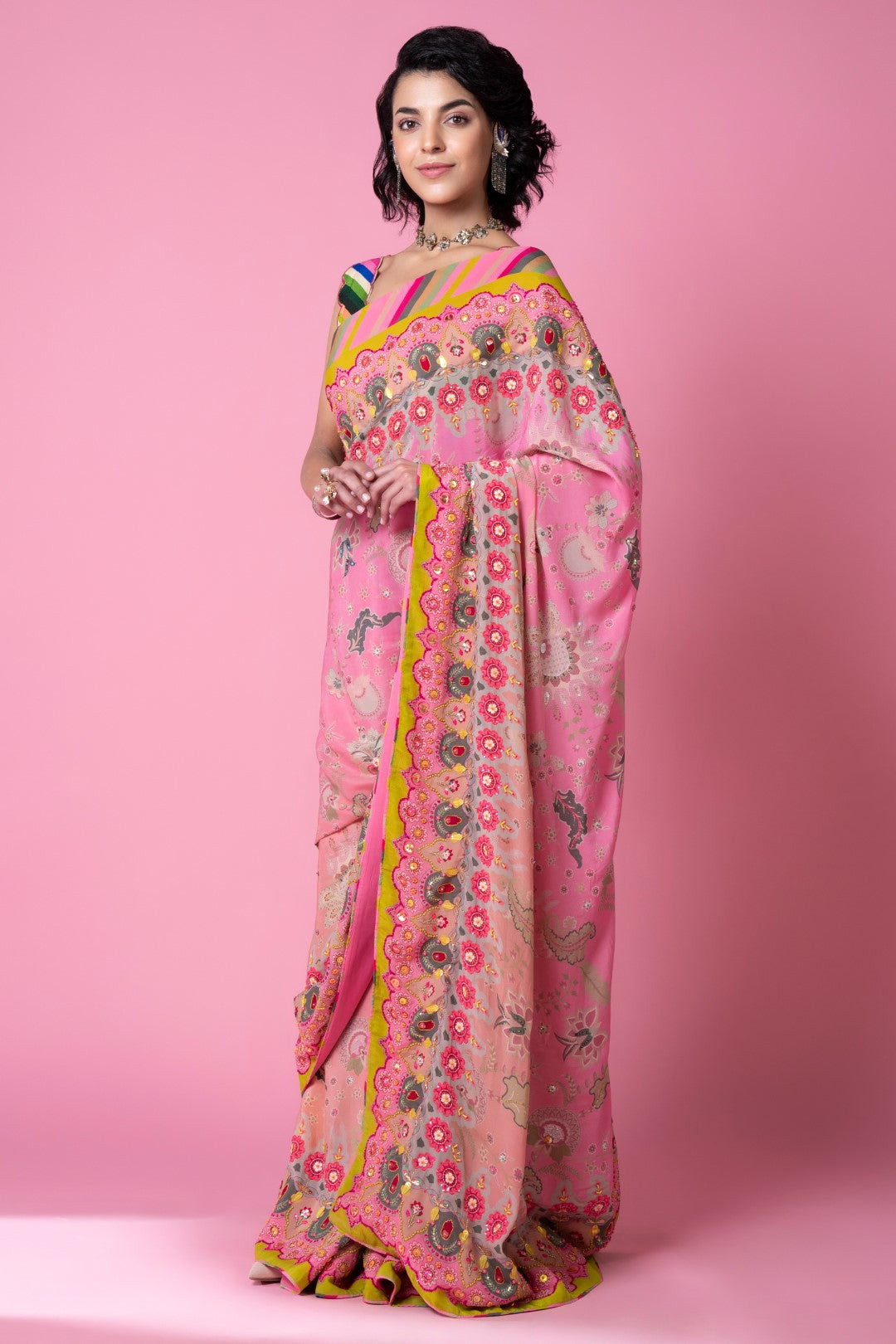 Twilight Pink Ombre Embroidered Saree Set-Siddhartha Bansal