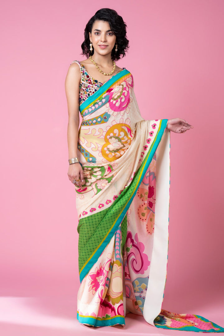 Sky Ivory Royal Paisely Embroidered Saree Set-Siddhartha Bansal