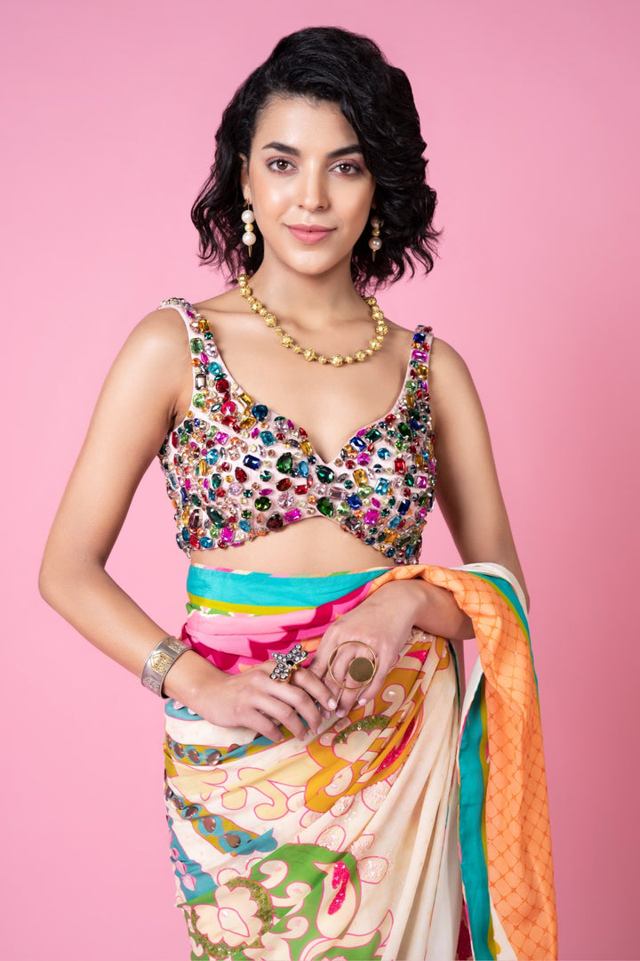 Sky Ivory Royal Paisely Embroidered Saree Set-Siddhartha Bansal