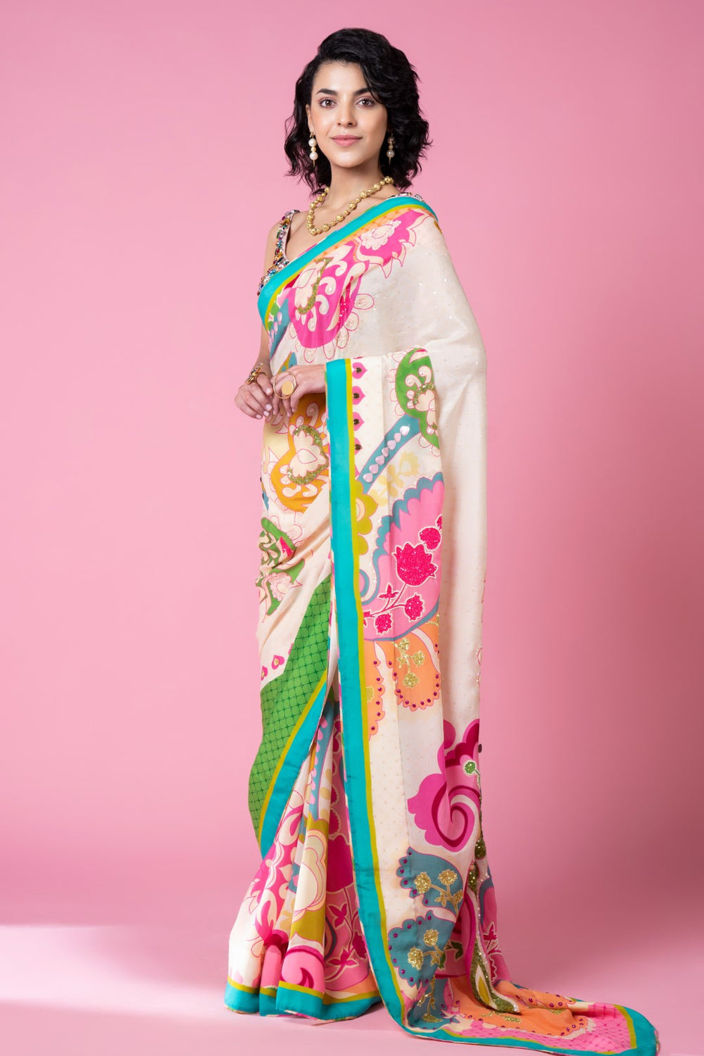 Sky Ivory Royal Paisely Embroidered Saree Set-Siddhartha Bansal