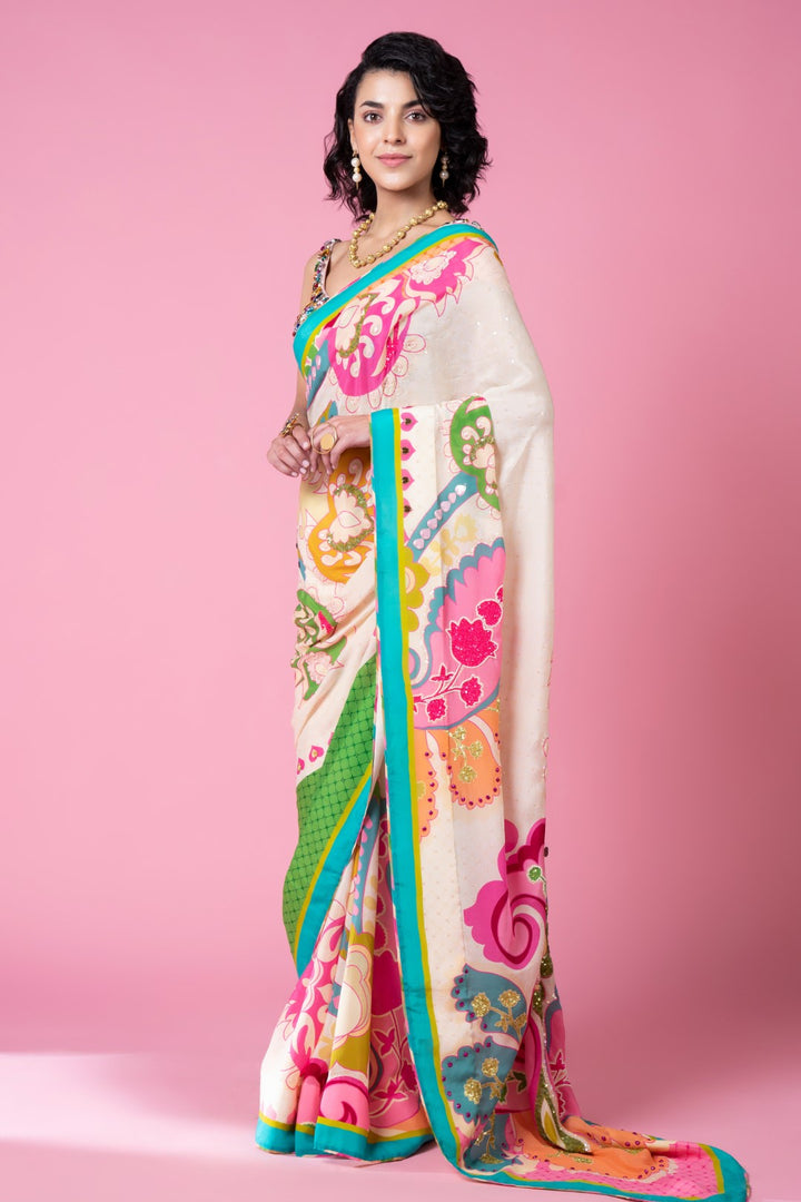 Sky Ivory Royal Paisely Embroidered Saree Set-Siddhartha Bansal