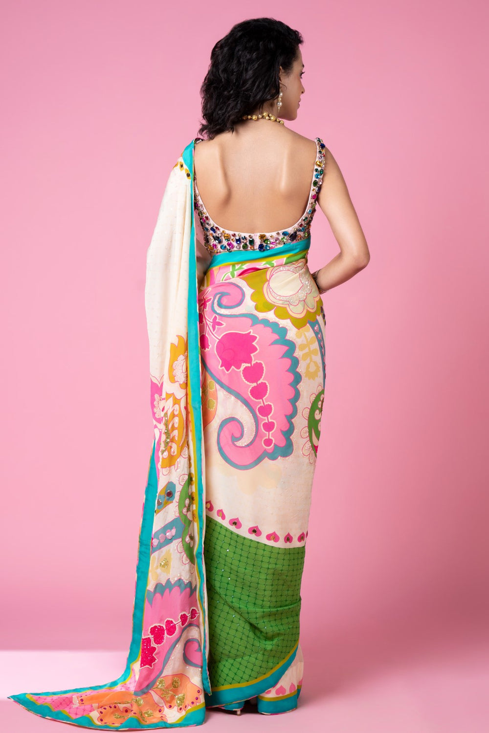 Sky Ivory Royal Paisely Embroidered Saree Set-Siddhartha Bansal