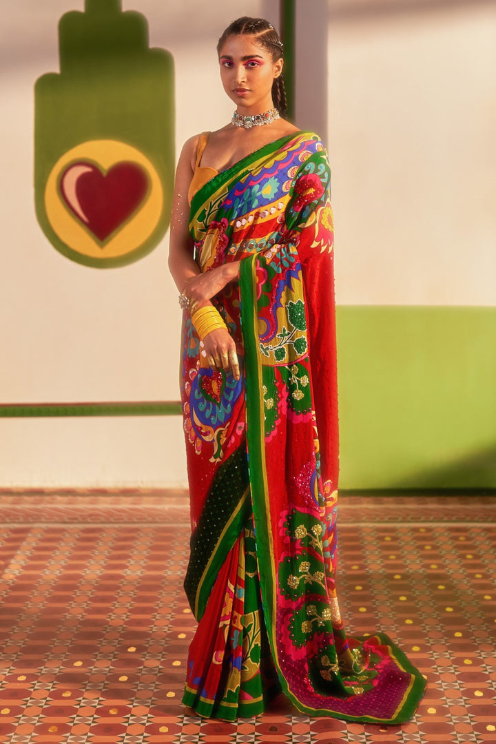 Royal Paisely, Salsa Red Embroidered Saree Set-Siddhartha Bansal