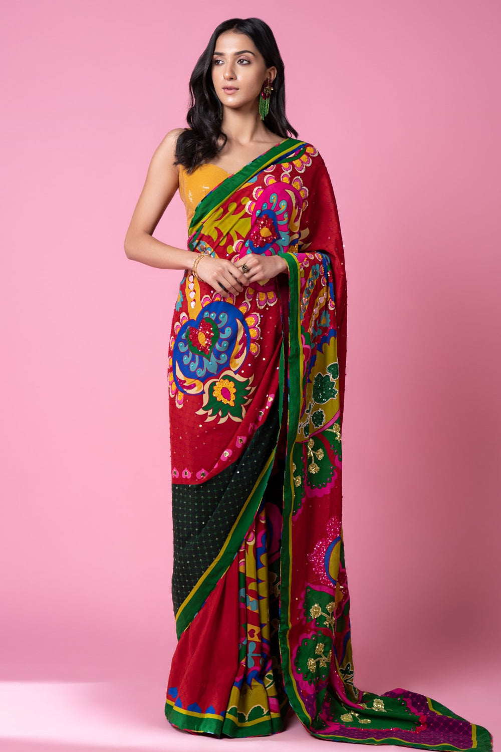 Royal Paisely, Salsa Red Embroidered Saree Set-Siddhartha Bansal