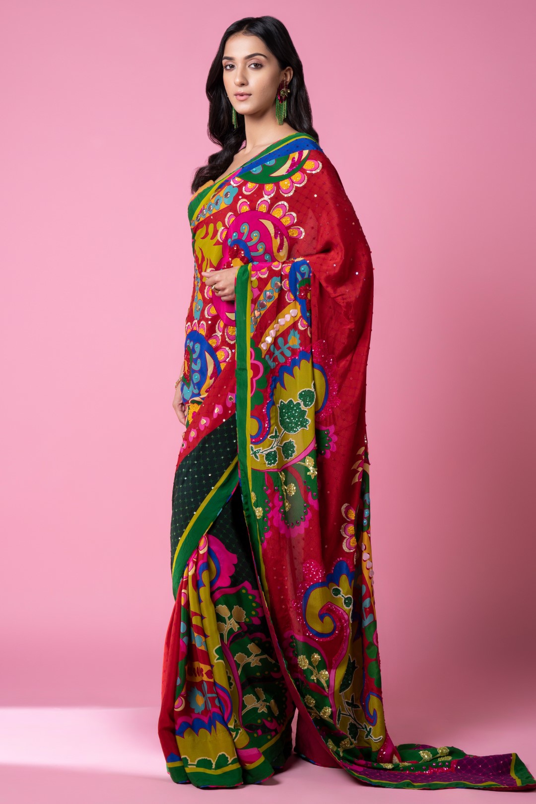 Royal Paisely, Salsa Red Embroidered Saree Set-Siddhartha Bansal
