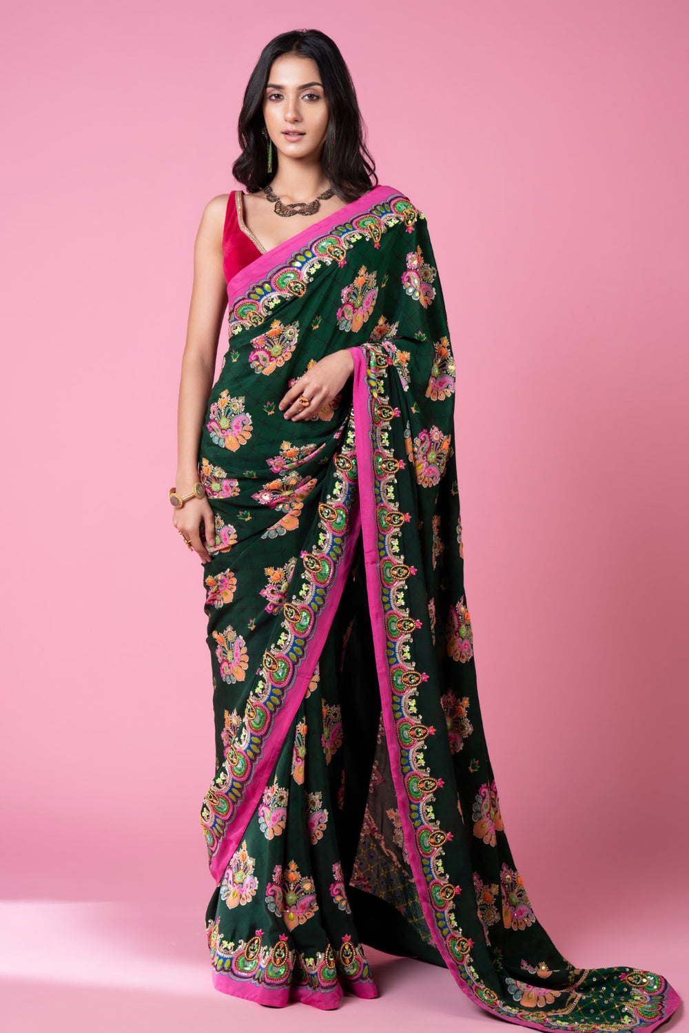 Emerald Sea Green Royal Paisely Embroidered Saree Set-Siddhartha Bansal