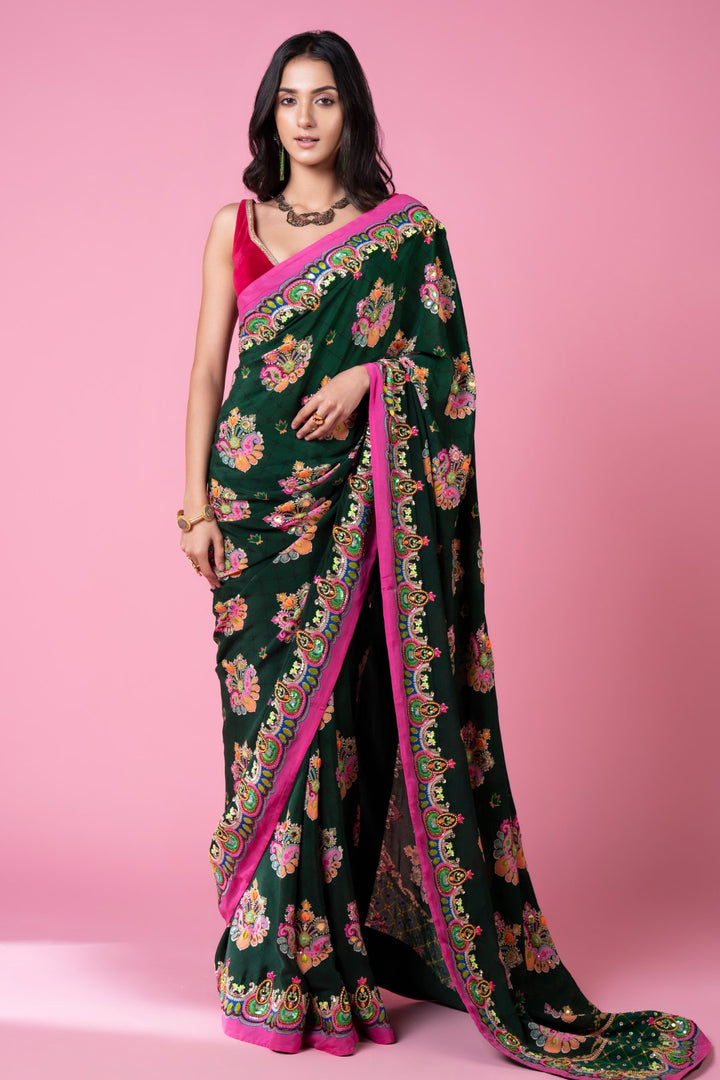 Emerald Sea Green Royal Paisely Embroidered Saree Set-Siddhartha Bansal