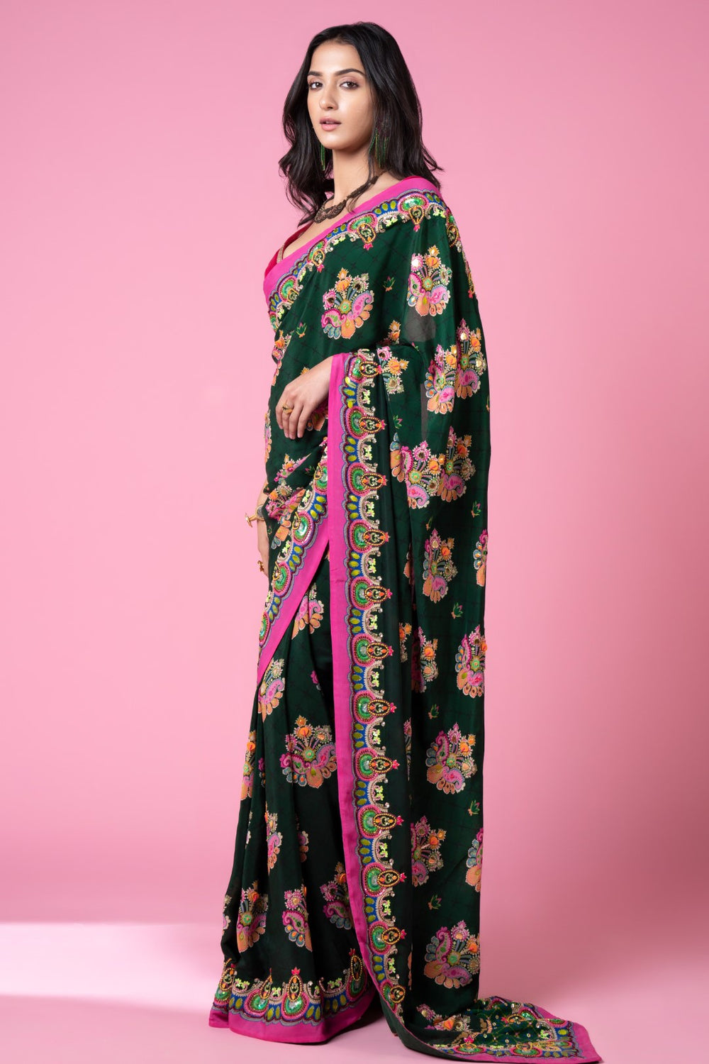 Emerald Sea Green Royal Paisely Embroidered Saree Set-Siddhartha Bansal