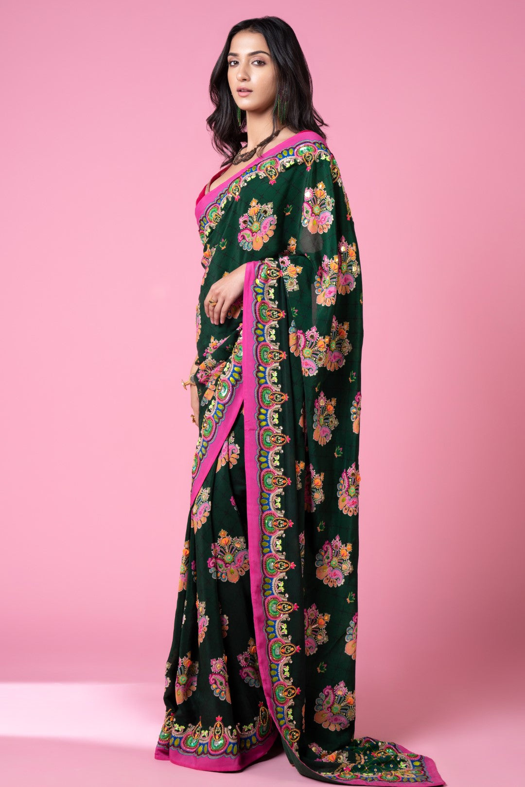 Emerald Sea Green Royal Paisely Embroidered Saree Set-Siddhartha Bansal