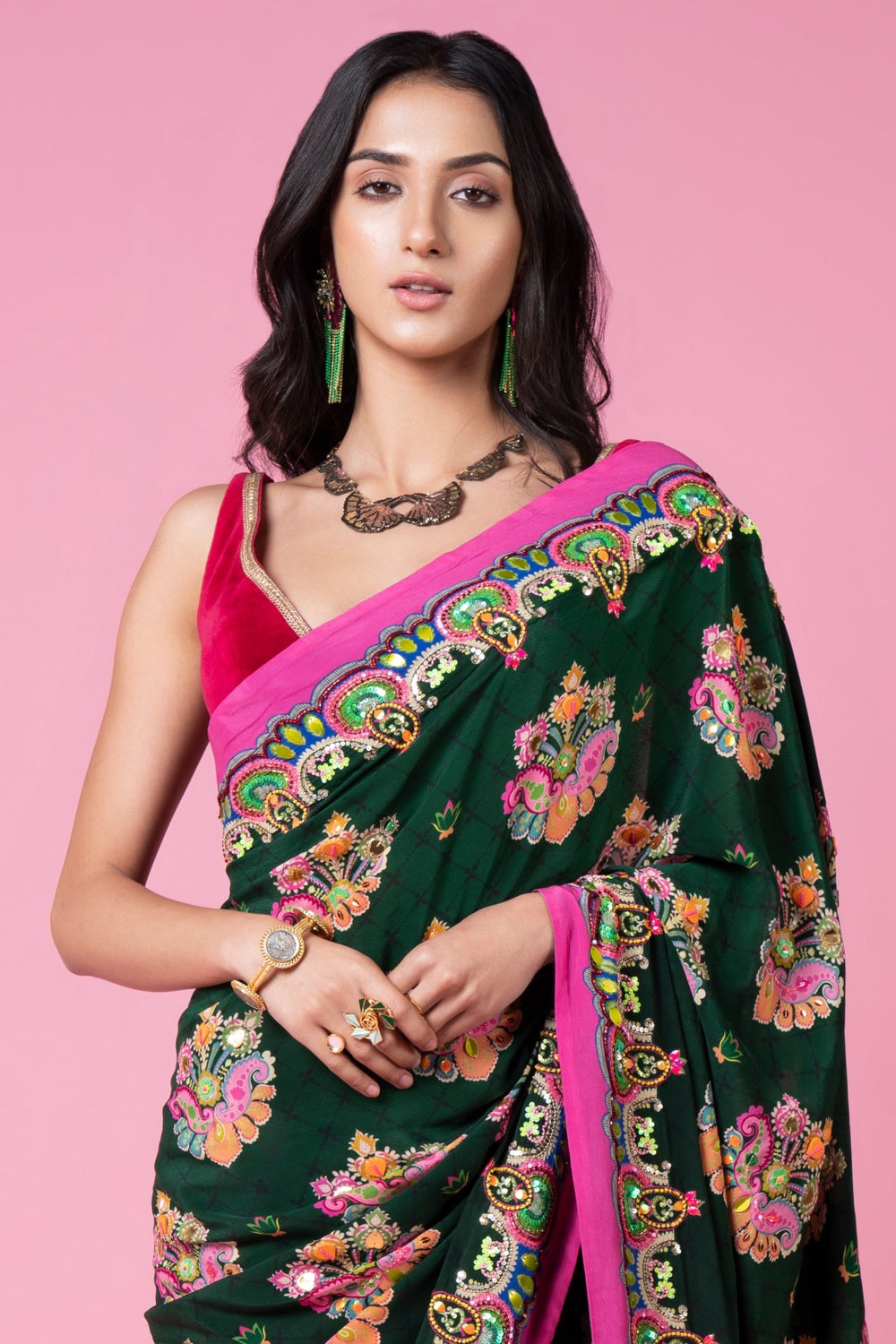 Emerald Sea Green Royal Paisely Embroidered Saree Set-Siddhartha Bansal