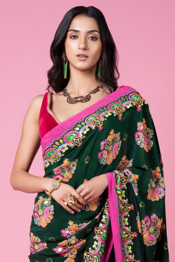 Emerald Sea Green Royal Paisely Embroidered Saree Set-Siddhartha Bansal