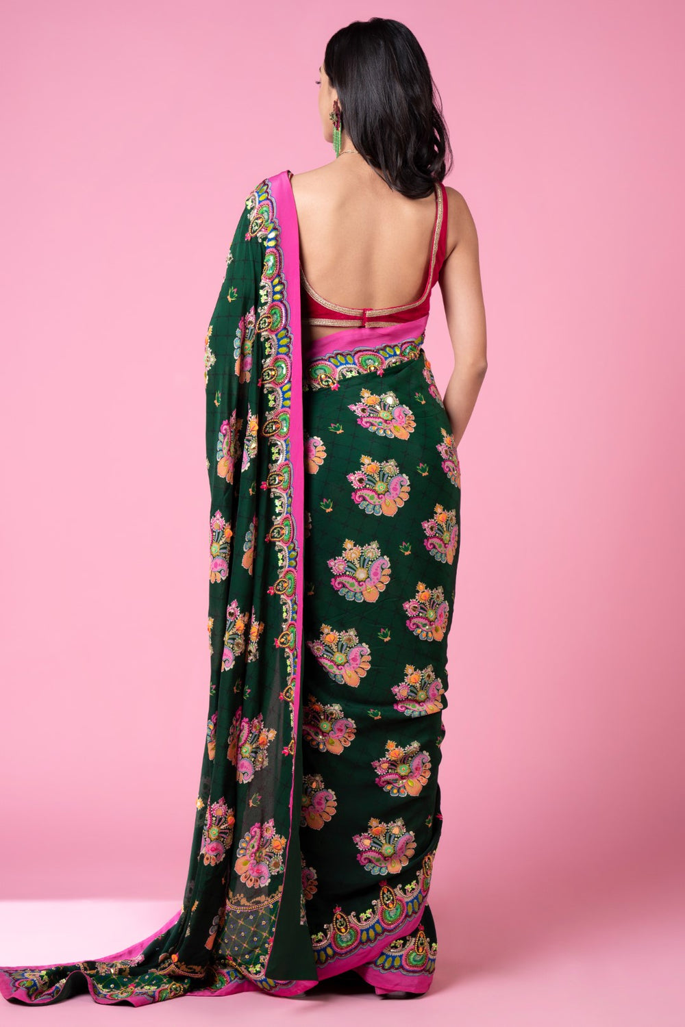 Emerald Sea Green Royal Paisely Embroidered Saree Set-Siddhartha Bansal