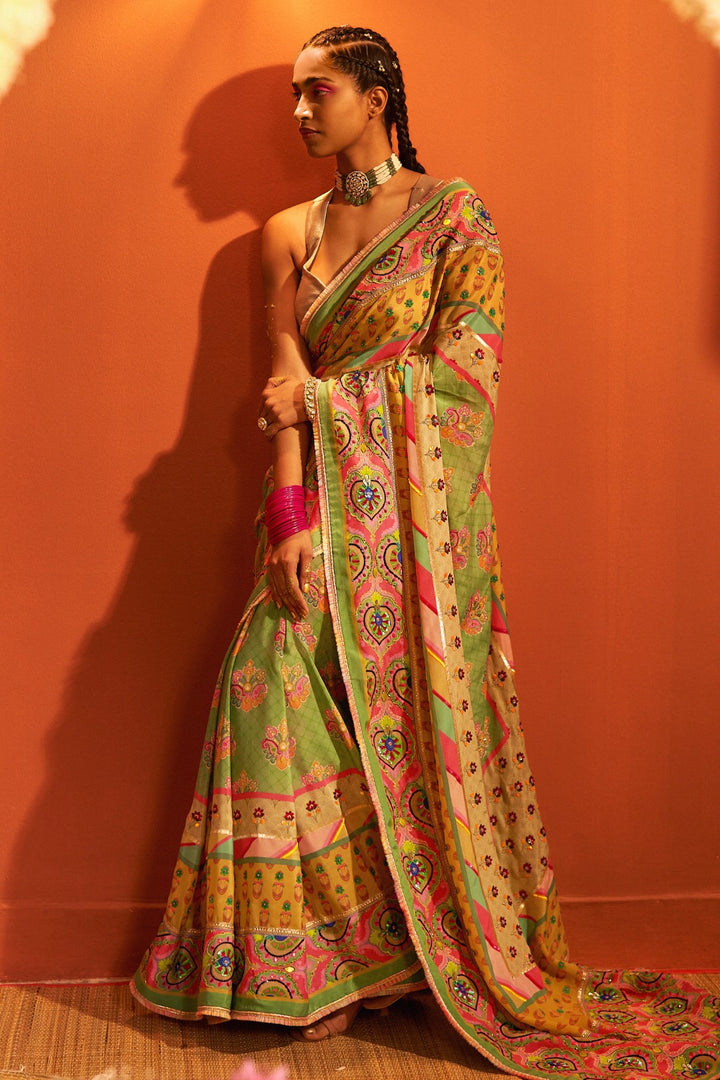Sage Green Multi Border Embroidered Saree Set-Siddhartha Bansal