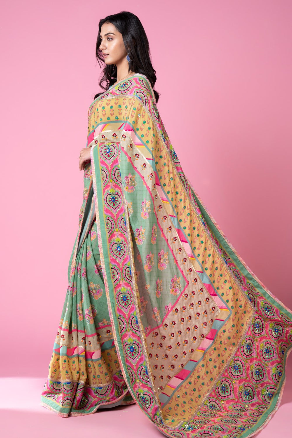 Sage Green Multi Border Embroidered Saree Set-Siddhartha Bansal