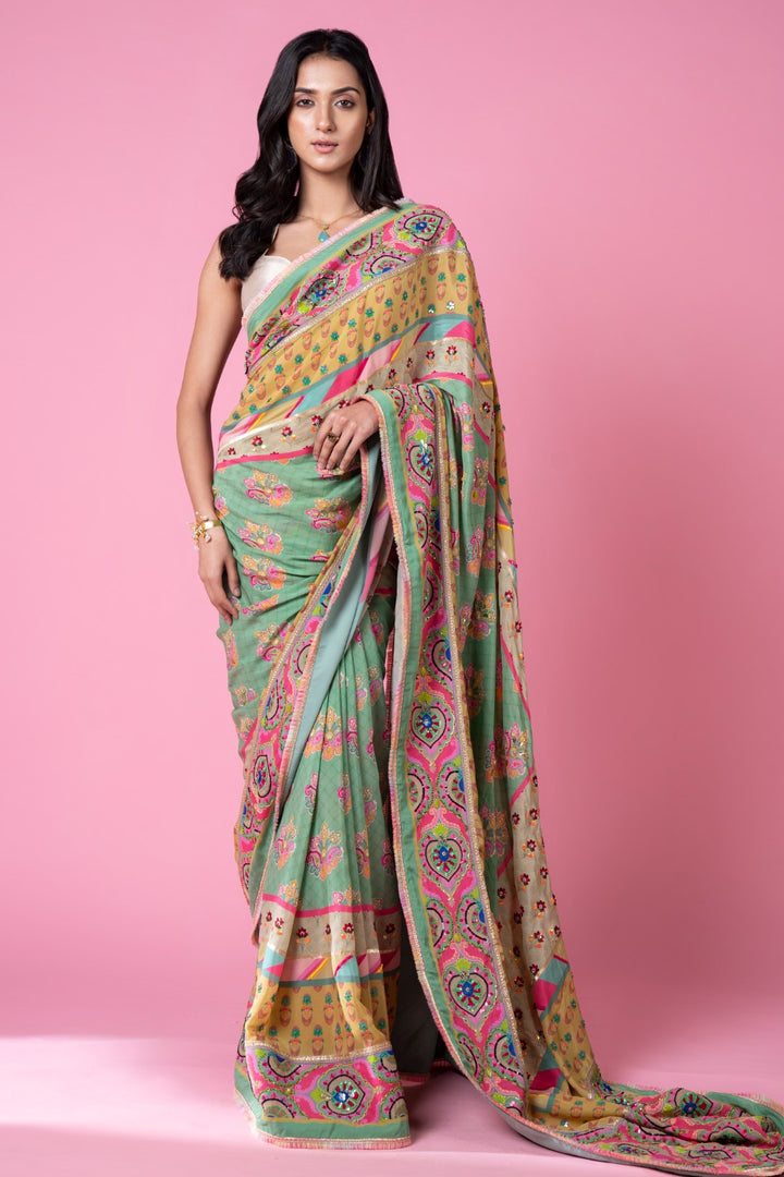 Sage Green Multi Border Embroidered Saree Set-Siddhartha Bansal