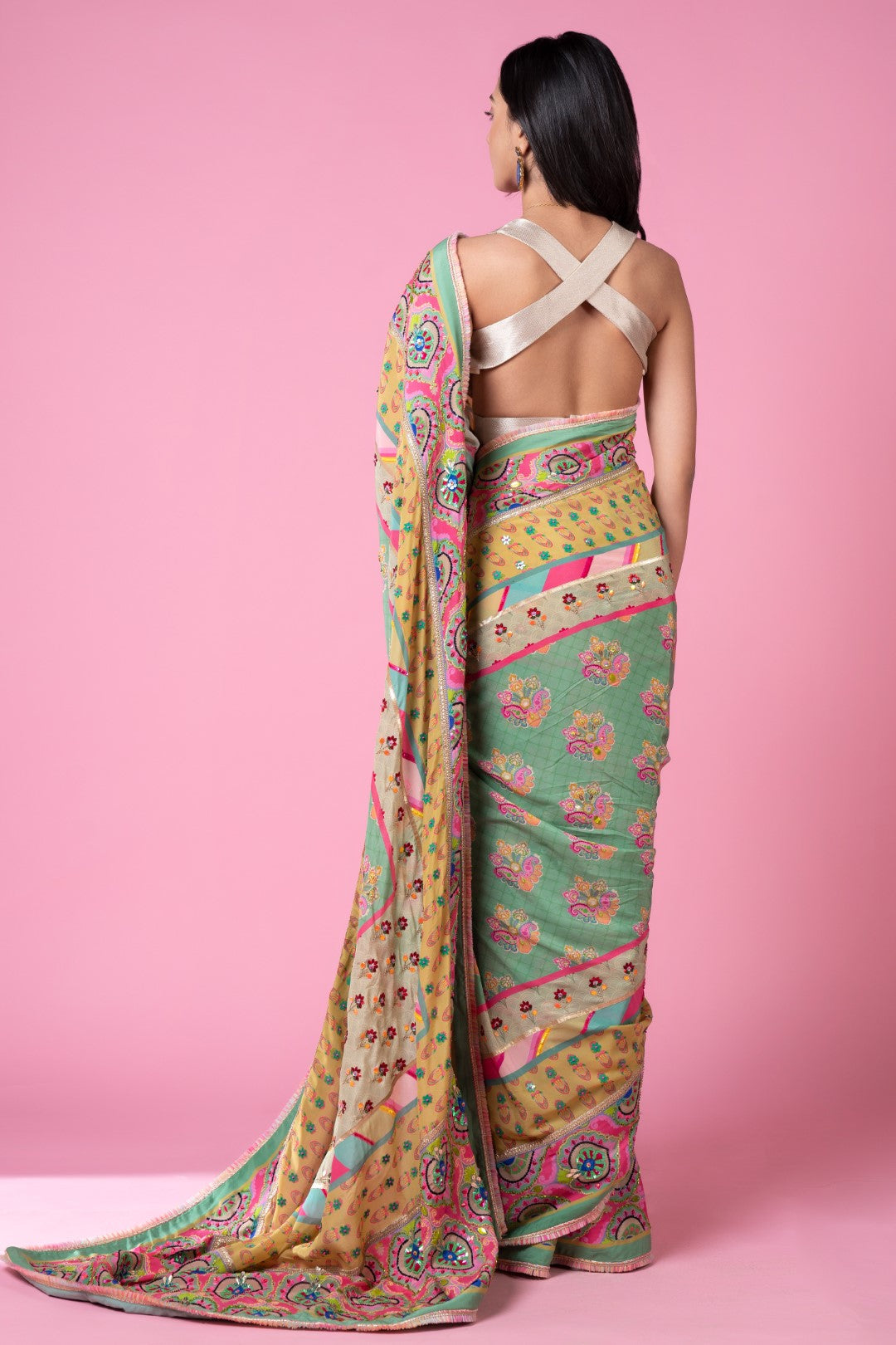 Sage Green Multi Border Embroidered Saree Set-Siddhartha Bansal