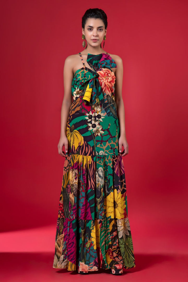 Juniper Print Front Bow Tie Tier Dress-Siddhartha Bansal